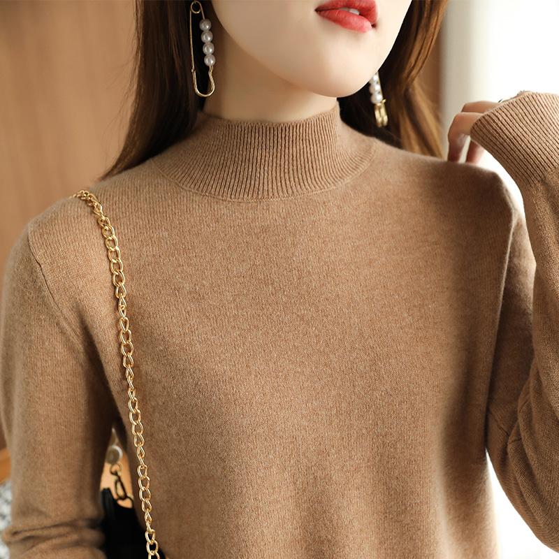 Elegante suéter de cuello alto medio para mujer, primavera, otoño e invierno, fino de manga larga, negro, camisa básica de punto para mujer