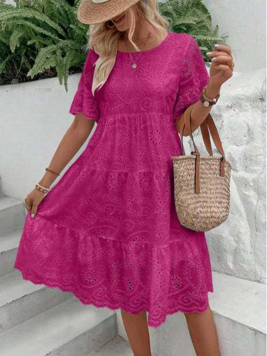 European Fashion 2025: Solid Color Cotton Embroidered Lace Dress