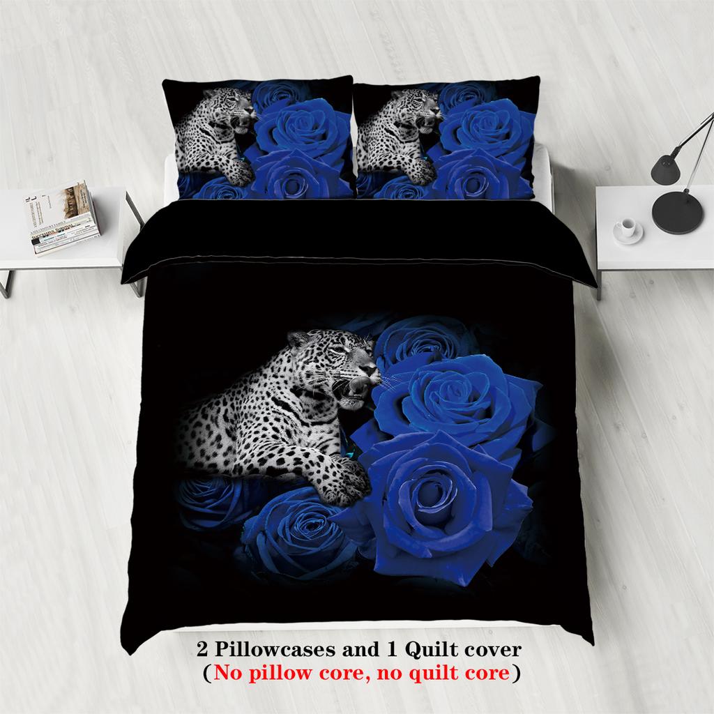 3-piece down duvet cover with modern leopard blue rose pattern print (1 duvet cover+2 pillowcases, no core) bedding set