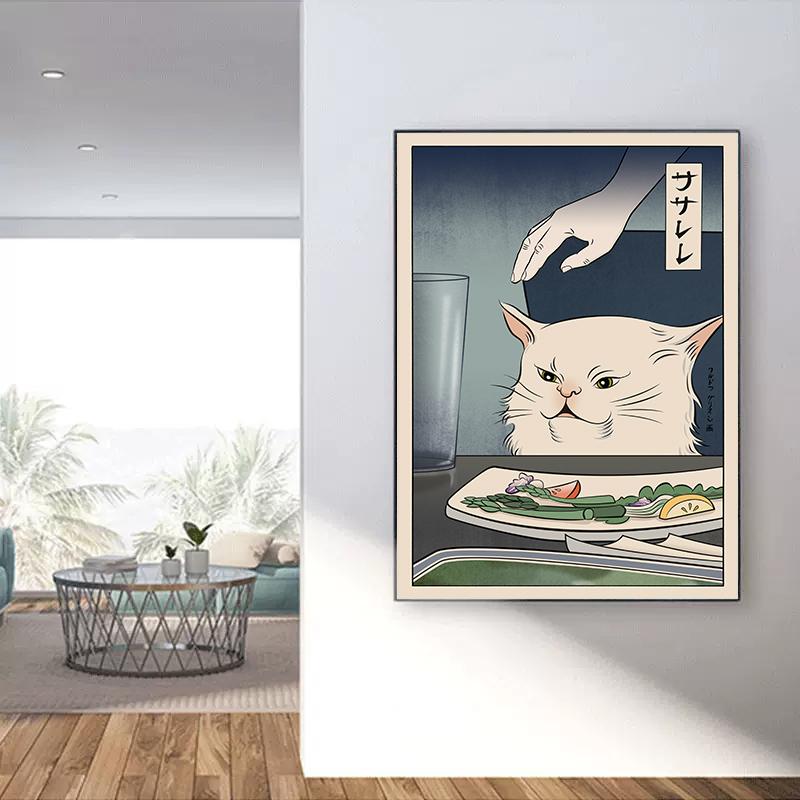 Retro japansk Samurai Cat Dog Poster Lerretsmaling Nordisk veggkunst for moderne stuedekorasjon