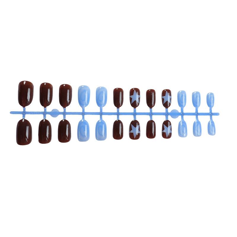 24 Pcs Y2K Short Almond Press On Nails With Shiny Cat Eye And Five Pointed Star Pattern Detachable Fake Nails