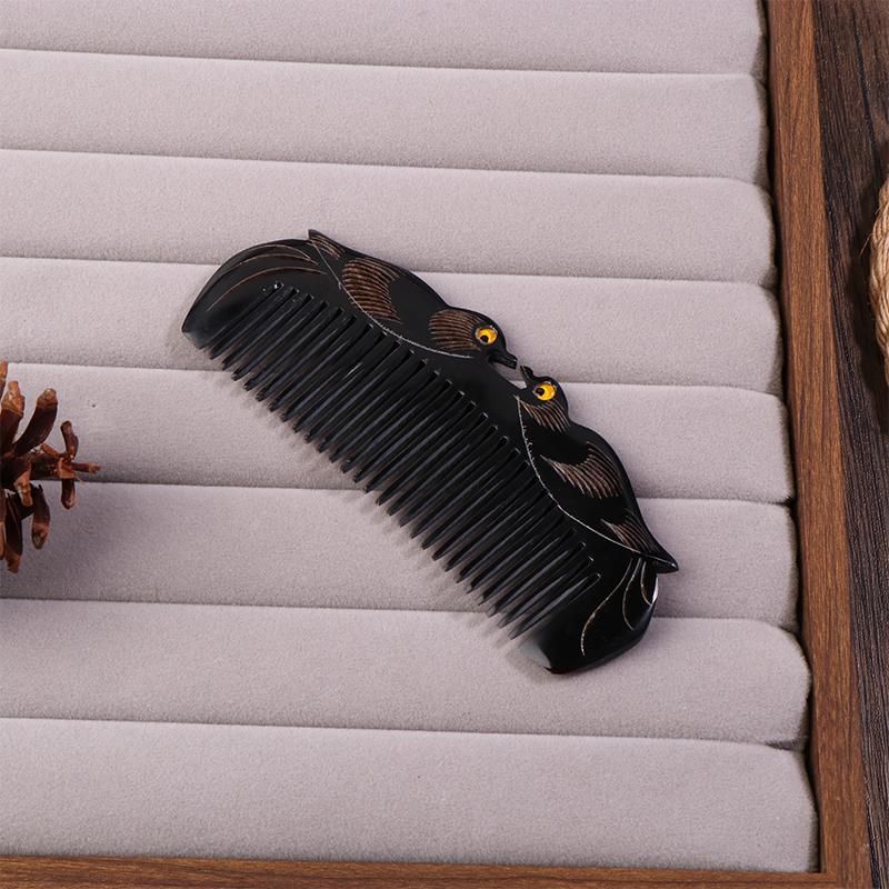 Natural Ox Horn Comb Anti Static Buffalo Combs Mandarin Duck Phoenix Carving Professional Detangling Massage Fine Tooth Comb