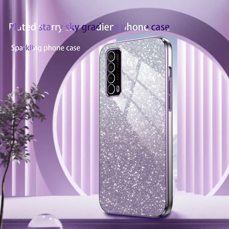 Luxuriöse, glänzende Silikonhülle mit Glitzerbeschichtung für Huawei P smart 2021 Y7a Coque Kameraobjektiv Weiche Rückabdeckung