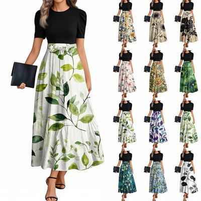 Women's Fashion Casual Belted Short Sleeve Round Neck Printed Elegant Temperament Dresses