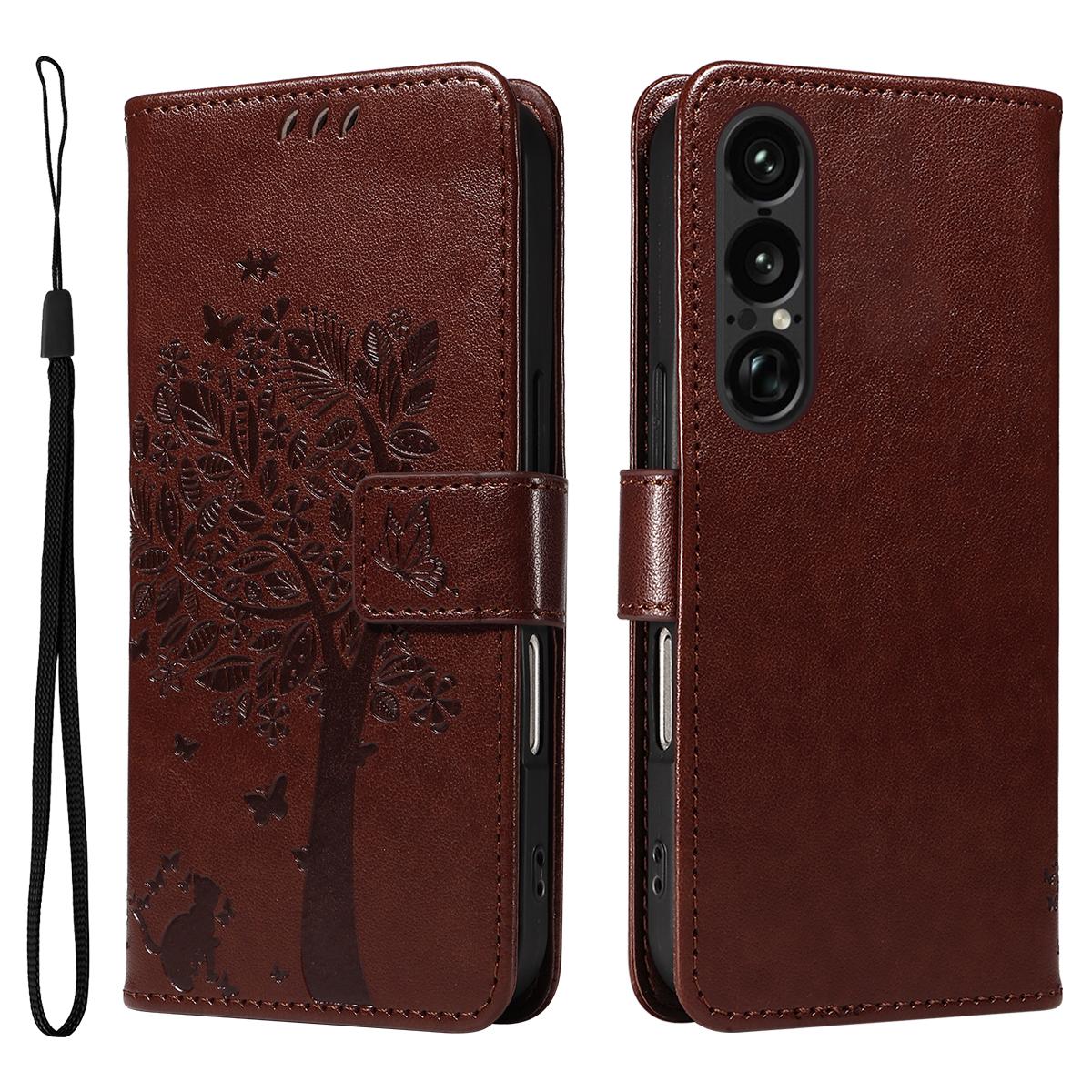 

For Sony Xperia 1 VII Phone Case with Stand Cat Tree Pattern Leather Wallet Mobile Cover Coffee