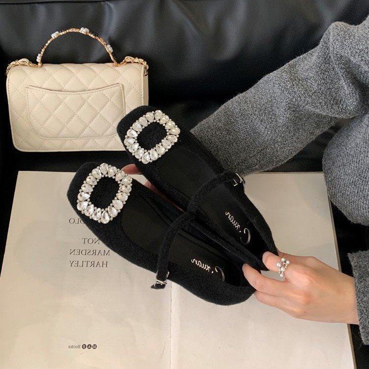 Rhinestone Velvet New Women'S Fashion Versatile Thick Heel Single Shoes Warm Spring Skirt Mary Jane High Heels