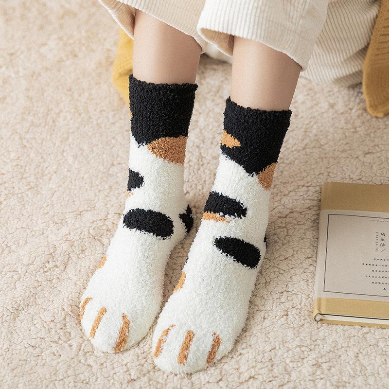 5 Pairs Socks Women Coral Velvet Mid-calf Socks Cat Claw Warm Wool Autumn and Winter Thickened and Padded Sleep Floor Socks Long Moon Socks