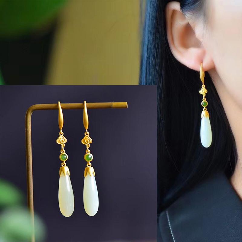 Hetian Jade Ear Hook Earring Women's High-end Temperament Ethnic Retro Earrings Cloisonne Craft Dangler Gift