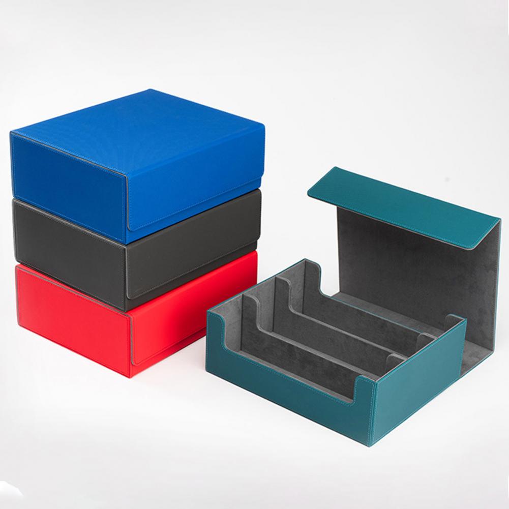 Card Storage Box Faux Leather Magnetic Closure 3-Row Trading Card Organizer Compartments Drawer With Card Dividers Dice Tray
