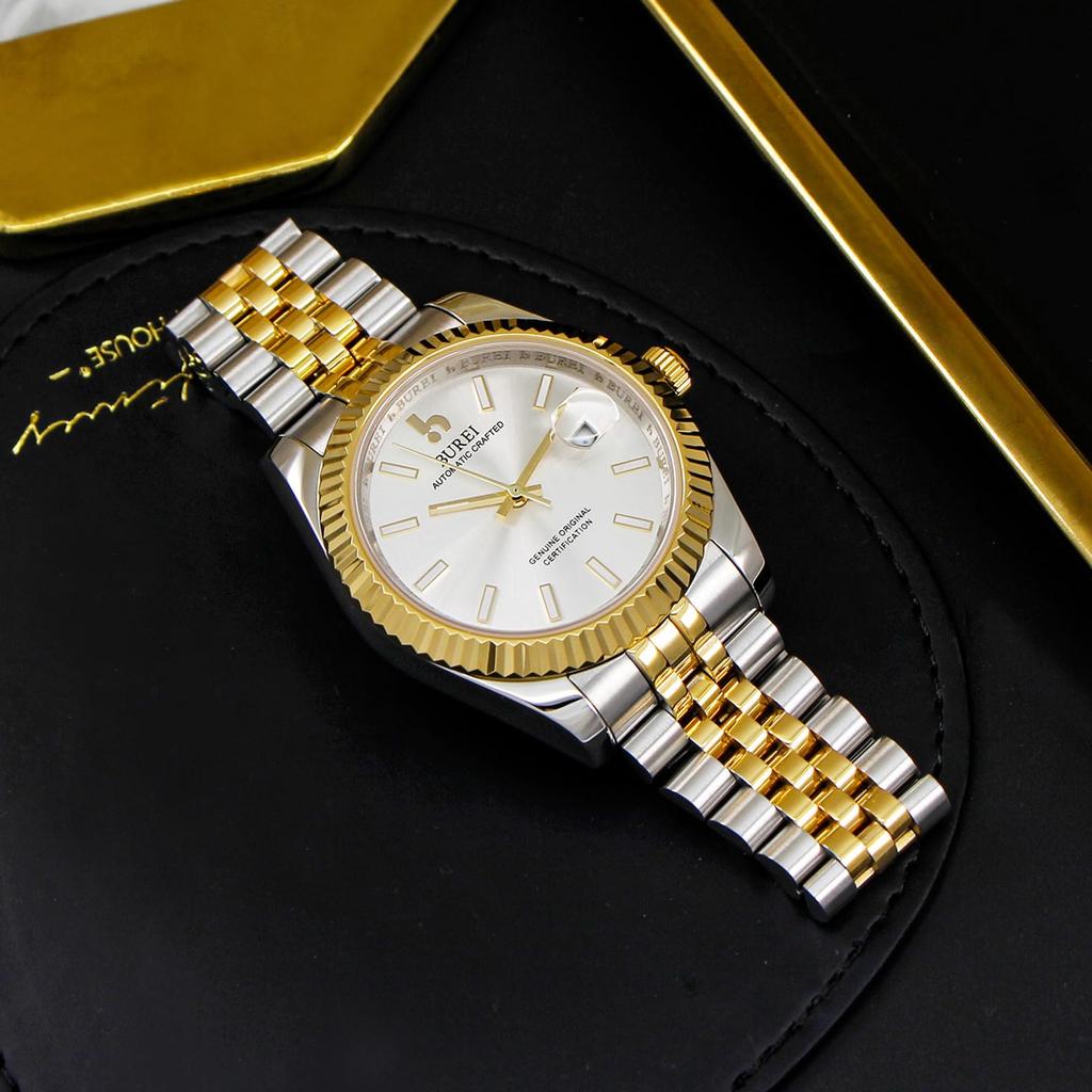 BUREI Men's Classic Luxury Automatic Watch Stainless Steel Waterproof Double Dial Sapphire Crystal Silver Dial Fashion