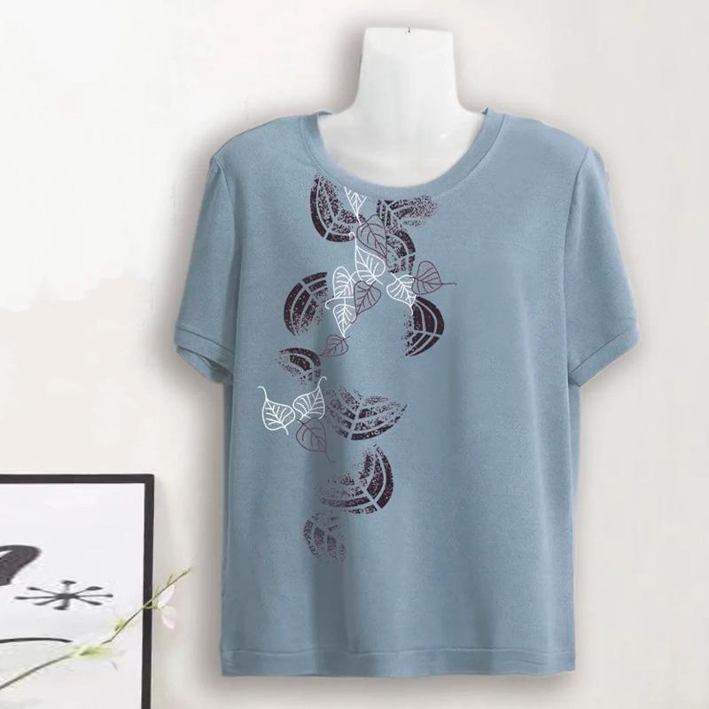 olive green crew neck short sleeve t shirt with leaf print for women 4XL синий
