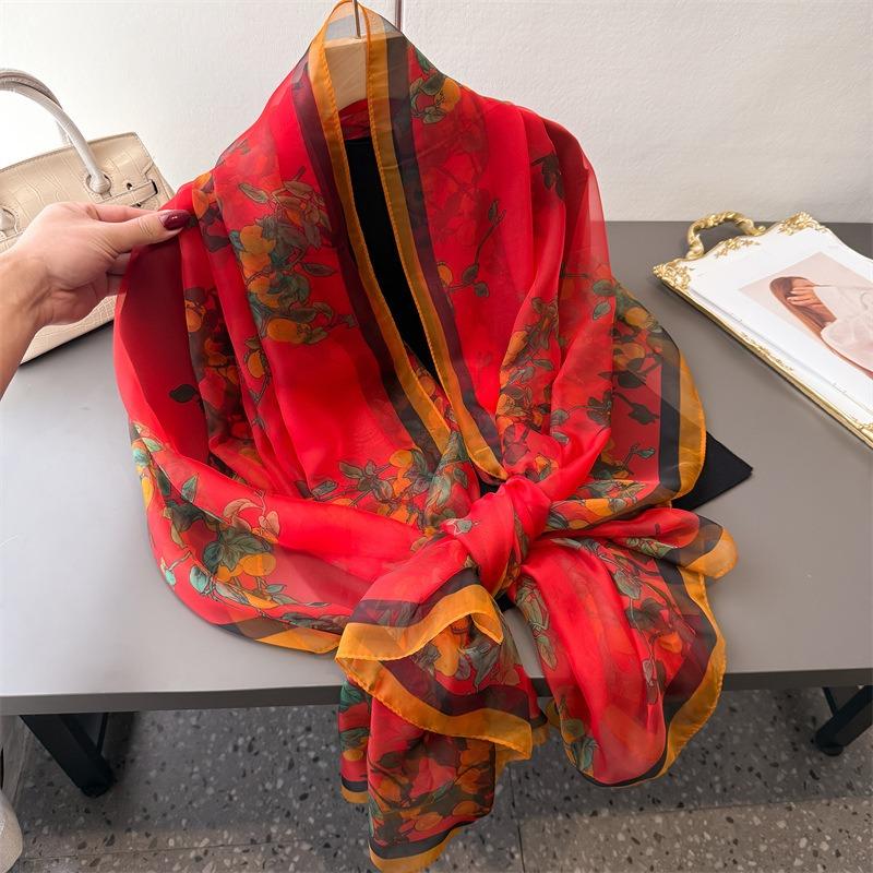 Green orange blossom encryption soft yarn printing spring and summer silk scarf large long scarf travel shawl sun protection women's scarf headscarf
