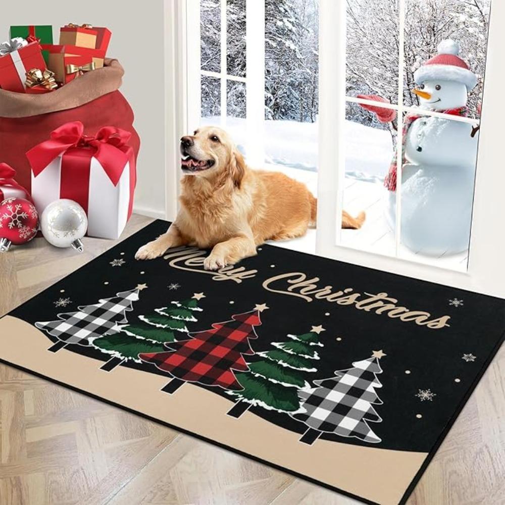 Christmas Carpet Mat Rug Red Plaid Snowflake & Beige Gnome Pattern with Welcome Text Non-slip Home Decoration Welcome Mat