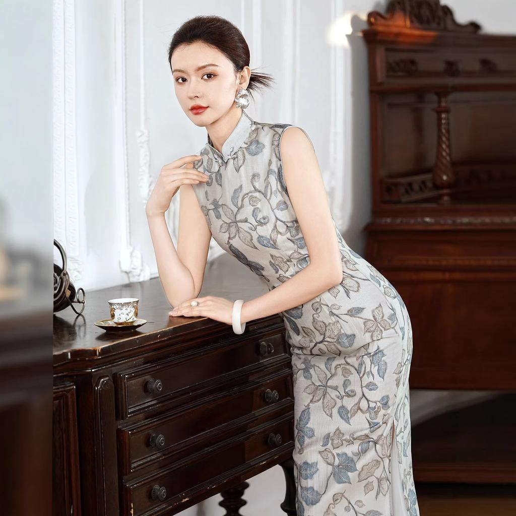 Improved new Chinese cheongsam Tencel hemp daily sleeveless elegant dress 1011 summer new temperament Chinese style