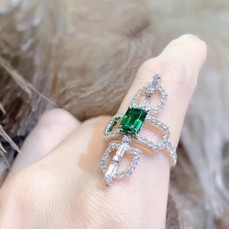 Elegant Emerald Adjustable Open Ring: Colored Gemstone with Hollow Texture Design for Women Open Adjustable
