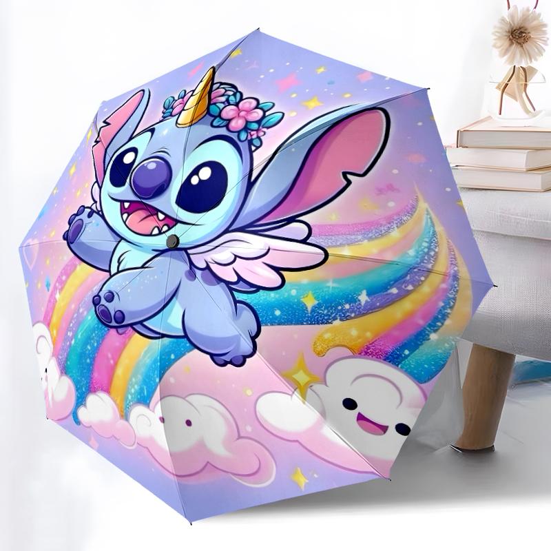 1pc Sturdy 8-Bone Auto Umbrella, Stitch Rainbow Pastel Floral Burst Umbrella, Digital Printed, Foldable Umbrella for On-the-Go Outdoor Use