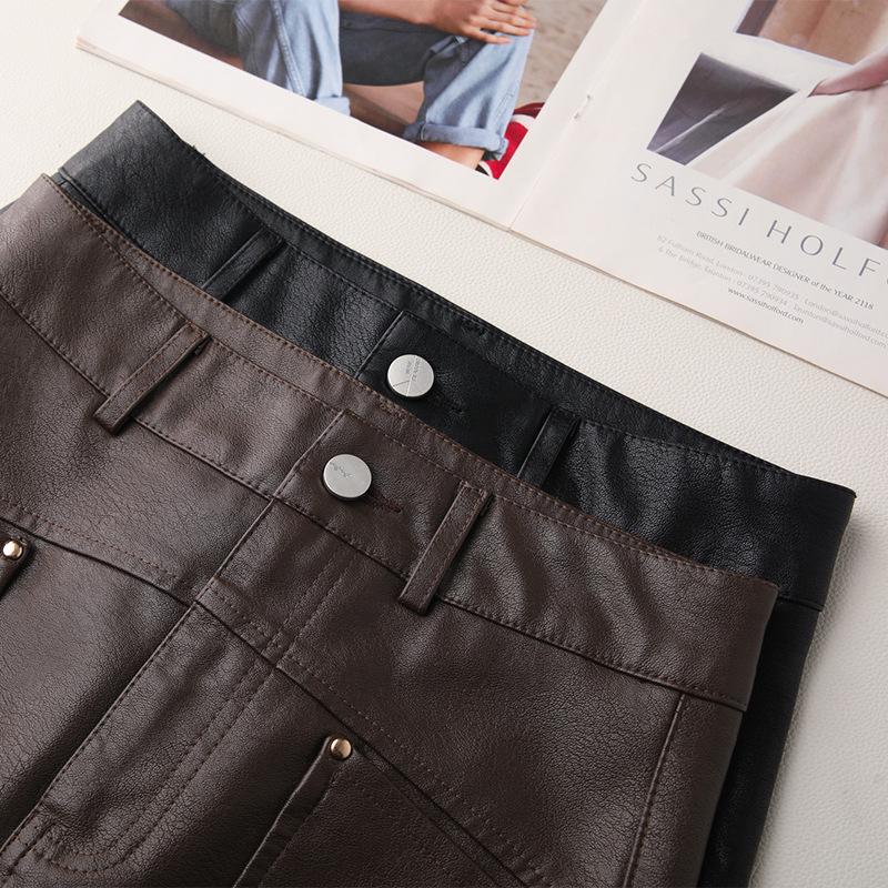 Coffee-Colored PU High-Waisted Mini Skirt, Slimming A-Line Midi, Autumn/Winter 2024 Women's Hip-Hugging Style.