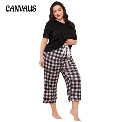 Summer Spring and Autumn V-neck Short-sleeved Tops and Trousers Women's Plus Size Pajamas