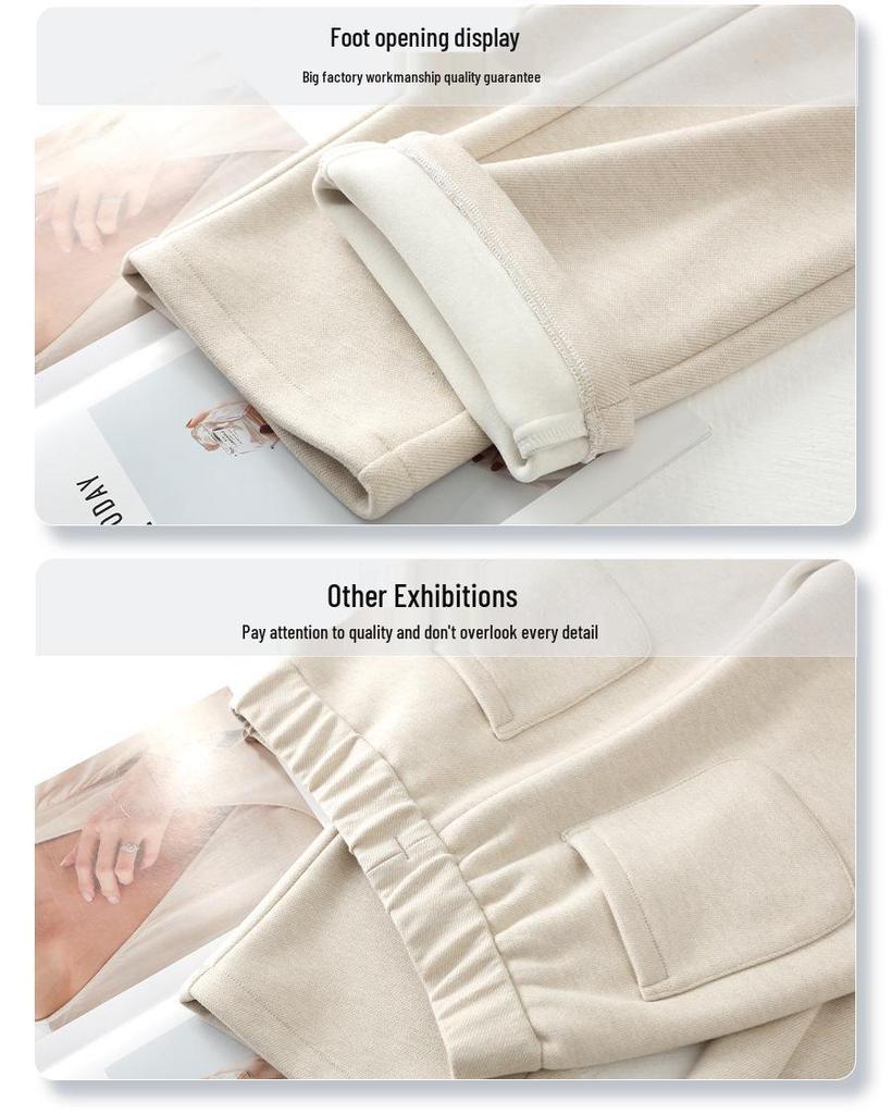 2024 Women's Gray Wool Wide-Leg Pants: Soft, Fleece-Lined, Thickened for Autumn/Winter