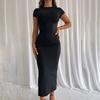 2024 Summer High Waist Long Dress For Women Short Sleeve Slim O Neck Basic Dresses Female Party Temperament Evening Elegant Solid Dress Femme