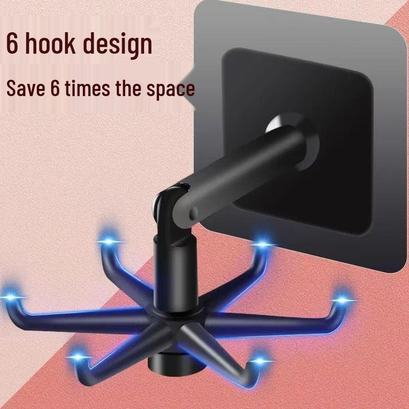 Wall-Mounted 6-Claw Rotating Hook - No-Punch Cabinet Adhesive Storage Organizer