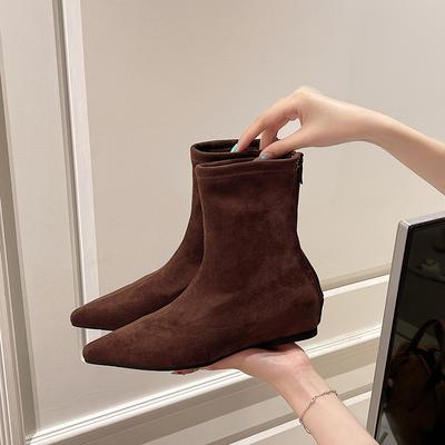 2025 New Temperament Niche Suede Pointed Inner Rear Zipper Thin Boots Short Boots Women's Autumn and Winter Light Luxury Cowboy Boots