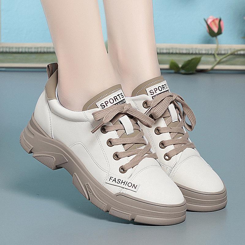 Spring Women Non-slip Soft Leather Sneaker Trekking Footwear New Thick-soled Lace-up Leisure Skateboard Sports Shoes