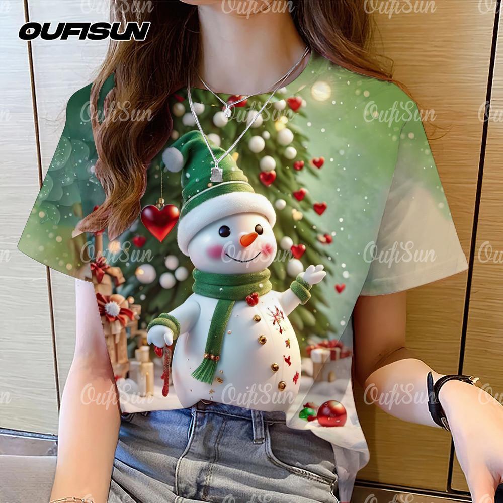 

Женская свободная футболка с коротким рукавом и мультяшным рисунком рождественского снеговика. 6XL