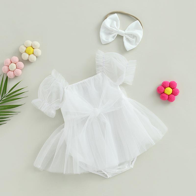 0-24M Princess Baby Girl Romper Nyfødt Spedbarn Småbarn Tyll Jumpsuit + Pannebånd Prinsesse Bursdag Puff Erme antrekk