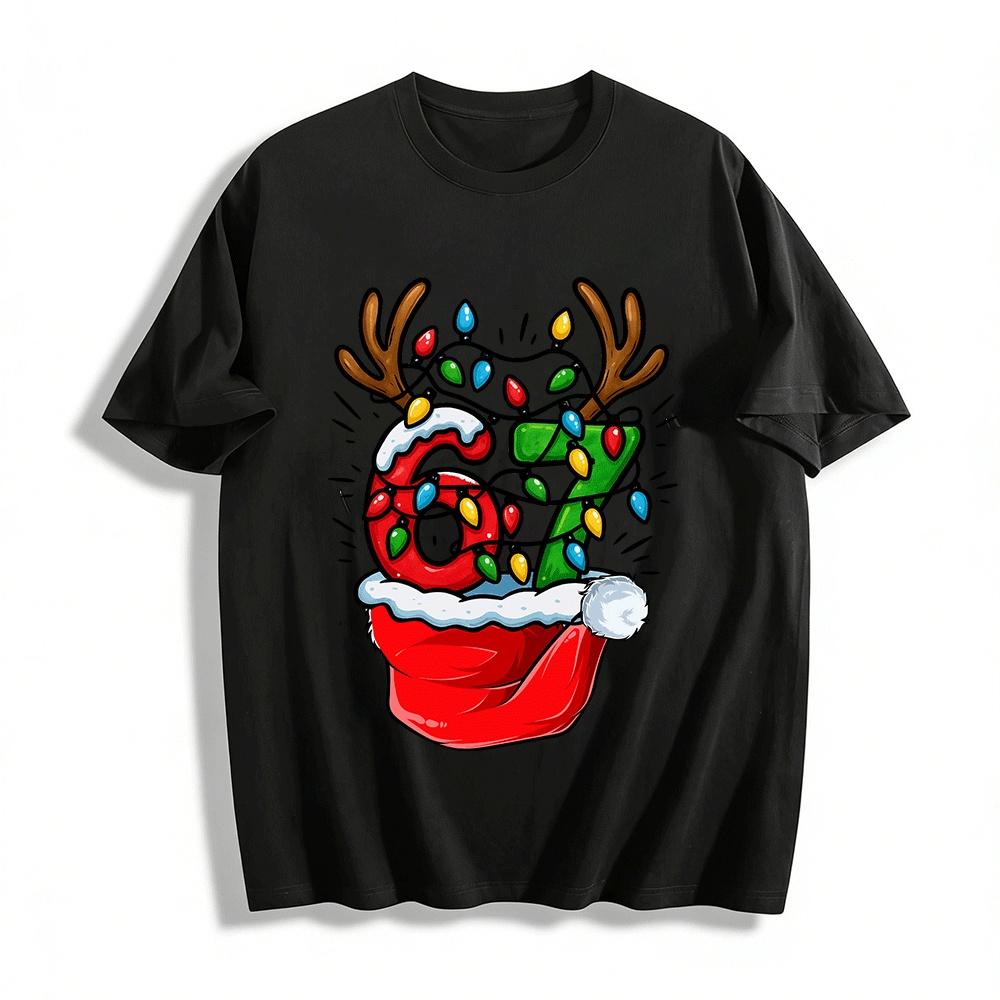 Christmas Themed Number 67 Reindeer Lights Print Casual Top Pure cotton T-shirt XXS