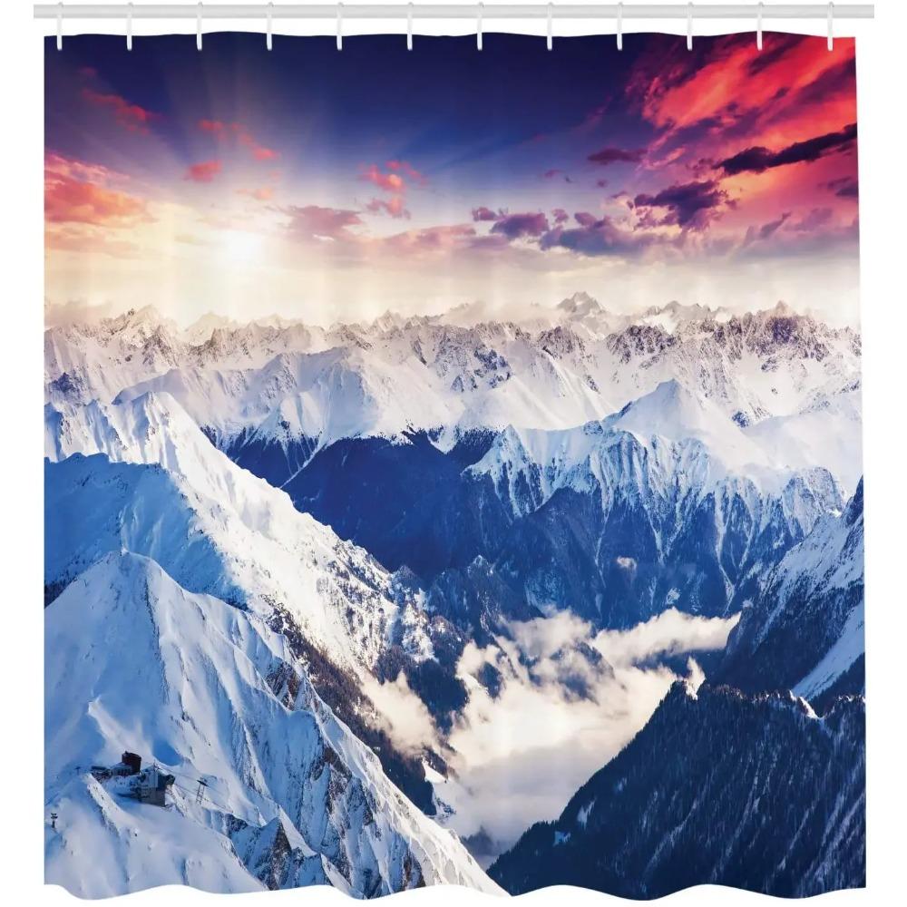 

Europe Shower Curtain Mountain Snowy Winter Colorful Sky Sunbeams Adventure Austria Bathroom Decor Set With Hooks 90x180 cm
