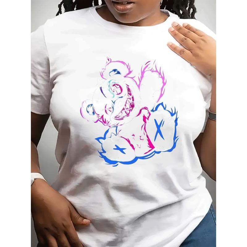 Plus Size, Women s Plus Size T-Shirt - Cute Gradient Bear Graphic with Pink & Blue Ombre - Soft Stretchy Fabric S белый