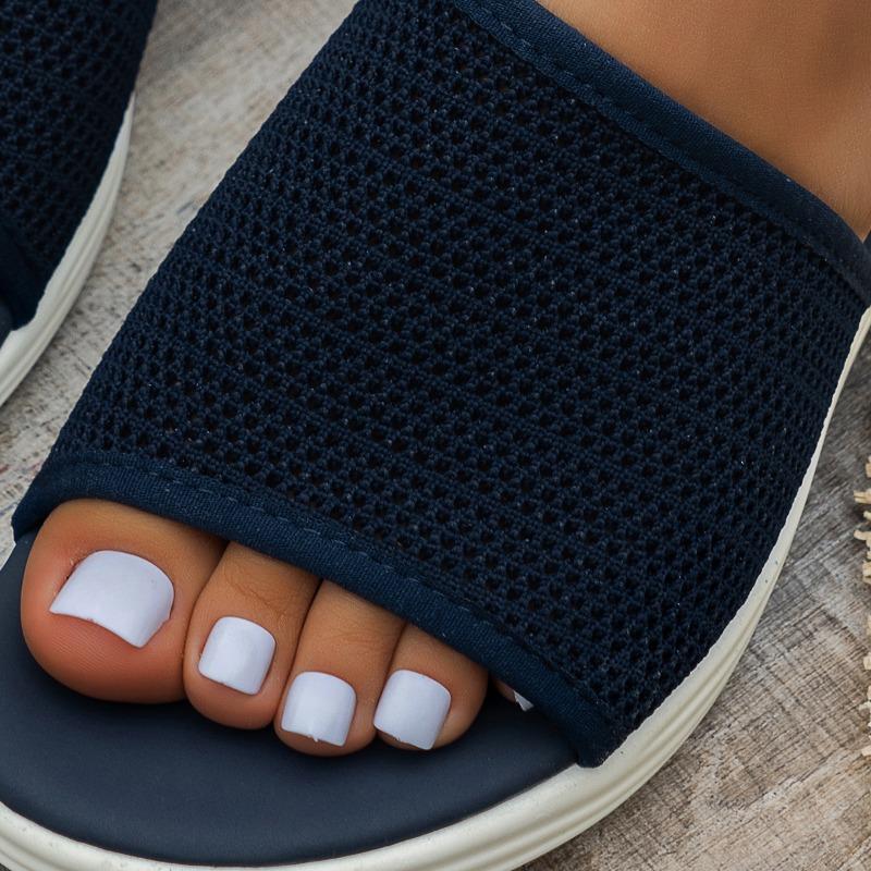 Flat Bottom Slippers Women Summer Round Head Mesh One Word Outer Wear Breathable Casual Sandal Slippers