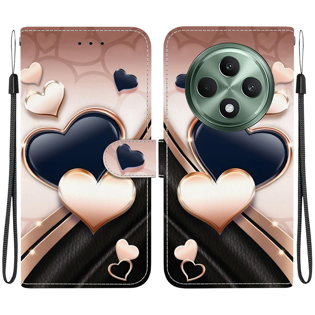 Ręcznie robione etui z klapką z PU skóry dla Oppo Reno12 F (5G/CPH2637) Antypoślizgowe Wstrząsoodporne Etui z Paskiem na Nadgarstek i Wzorami Kota/Róży/Serca