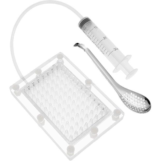 Caviar Maker Box, Spherification Dropper, Molecular Gastronomy Kit, 96 Holes Roe Sauce Dispenser Strainer Tools with Spoon and Syringe, Rapid Caviar