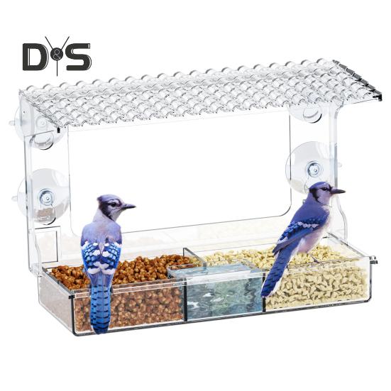 Window Birds Feeder with Suction Cups Clear Wildbird Feeder with Detachable Seeds Water Tray for Outdoor Birds Watching