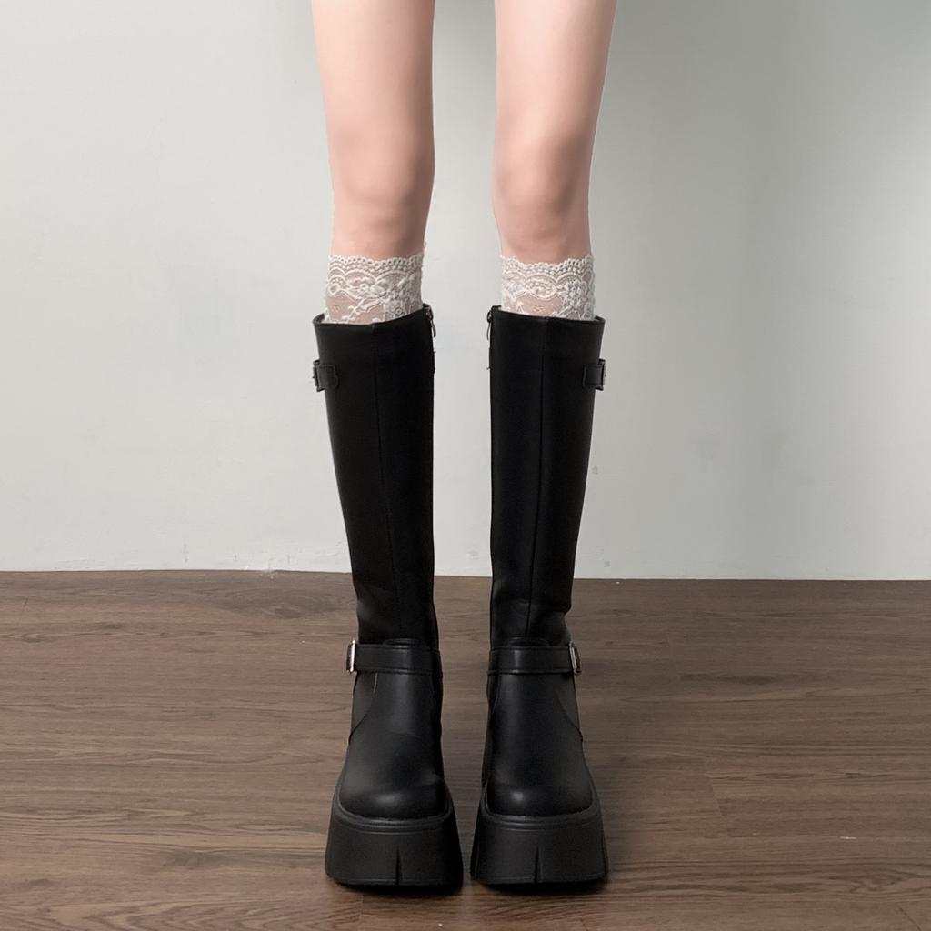 Retro French black platform boots women's 2025 new summer small fat mm thin and heightened knight boots