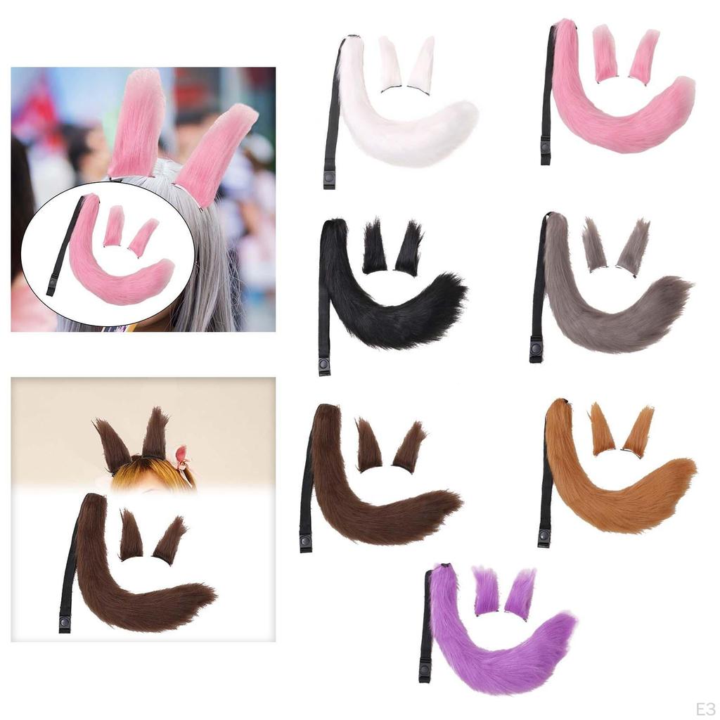 3Pcs Plush Ears and Tail Set Adjustable for Carnival Halloween Dress Women Girls