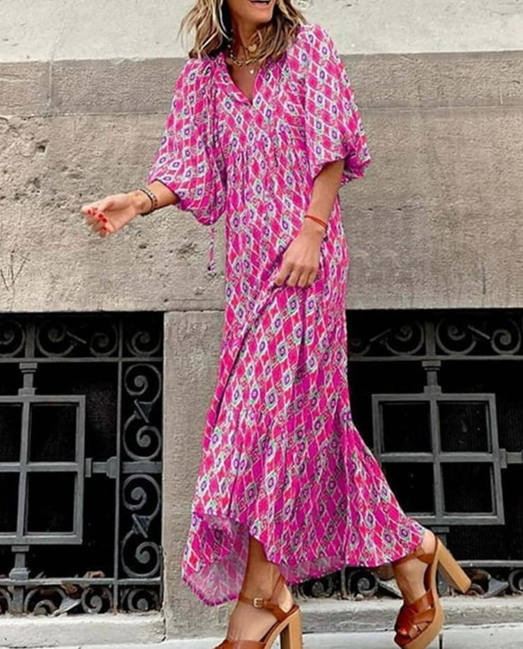 Summer Beach Dress Floral Print Bohemian Long Dress Loose V Neck Fashion Women