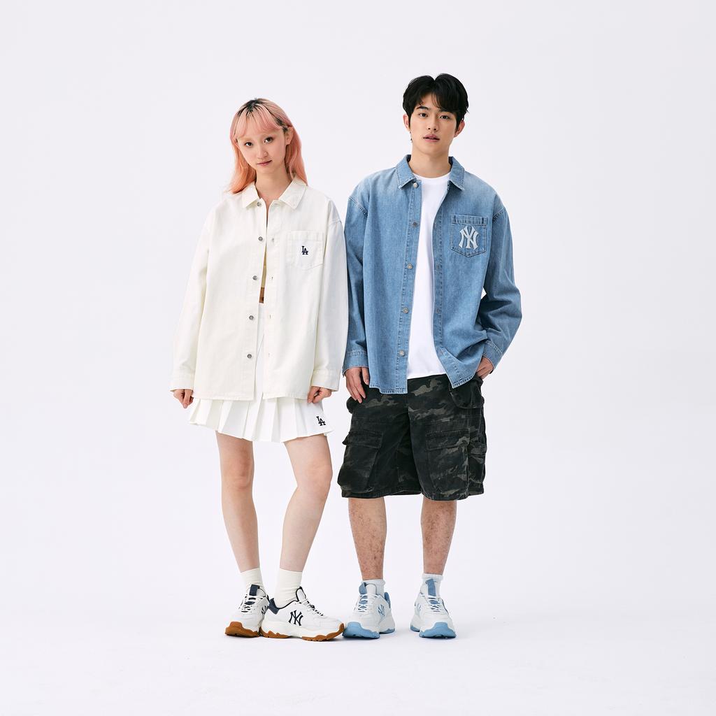 New MLB New York Yankees Anti Slip Wear Resistant Low Top Chunky Sneakers Unisex White Blue 3ASHD045N-50BLS