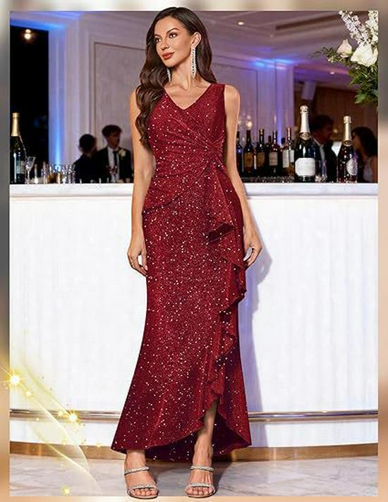 Vestido de Noche Europeo Elegante para Mujer 2025 con Lentejuelas, Cuello en V y Abertura