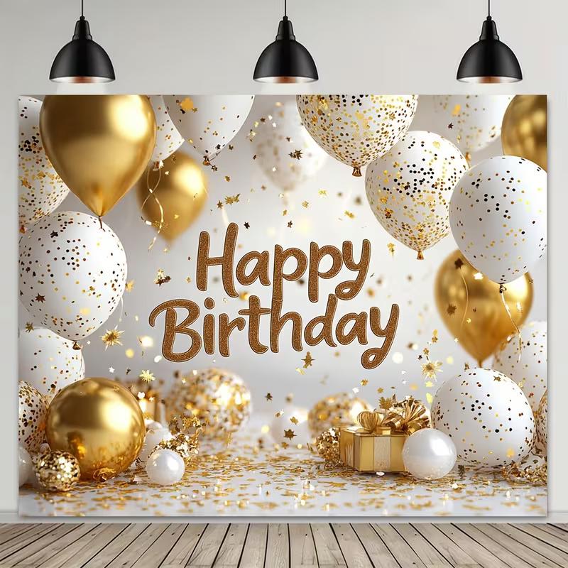 

2D White Gold Balloon Happy Birthday Backdrop for Adult Birthday Party 47.2x31.5inch/120*80cm