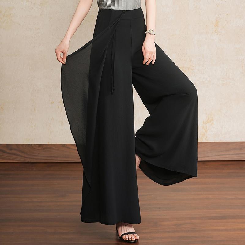 Women's Linen Blend Overlay Wide Leg Pants – High Waist Flowy Palazzo Trousers (Size 27-33)