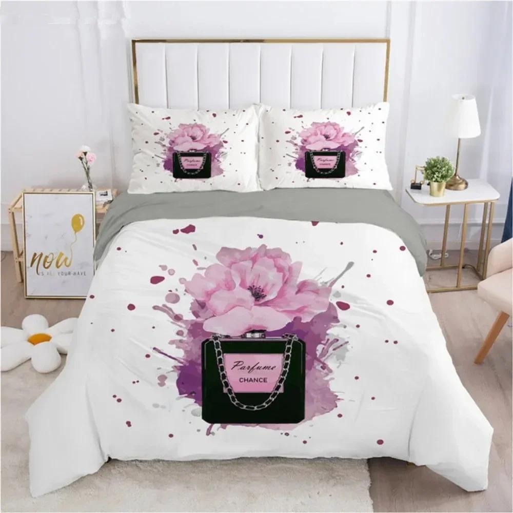 Perfume Floral Duvet Cover Set Pink Makeup Bedding Set With Pillowcase,Girls Women Romantic Fashion Gifts Comforter Cover Set