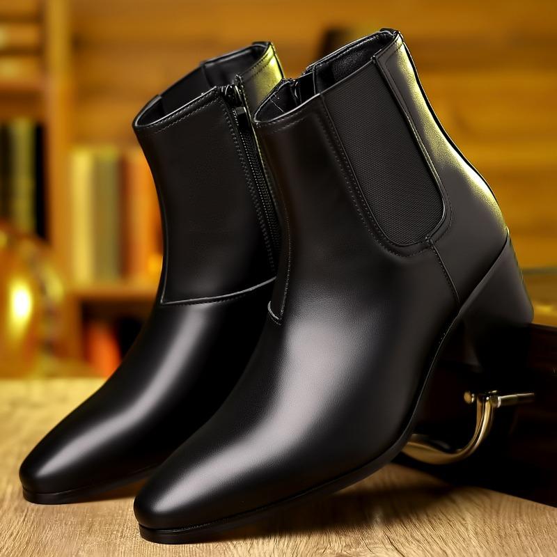 Men's Boots Pointed Toe Chelsea Boots British Style Zipper Ankle Boots Height Increasing Leather Shoes Plus Size High Heel Boot