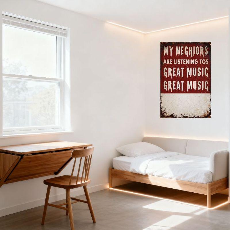 Placca Metallica Vintage 'I Miei Vicini Ascoltano Ottima Musica' Decorazione Murale Rustica Retrò con Estetica Tipografica Invecchiata per Mamma