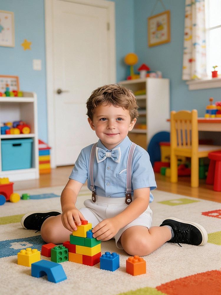 Completo estivo due pezzi stile britannico per ragazzo: Tuta Leggera a Maniche Corte per Bambini