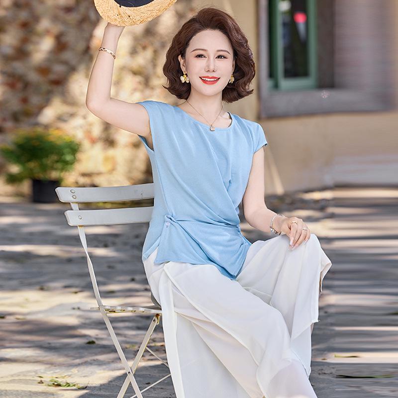 

Elegant Chiffon Blouse Set: Stylish Short Sleeve Summer Top for Middle-Aged & Elderly Women 3XL (115-130 jin)