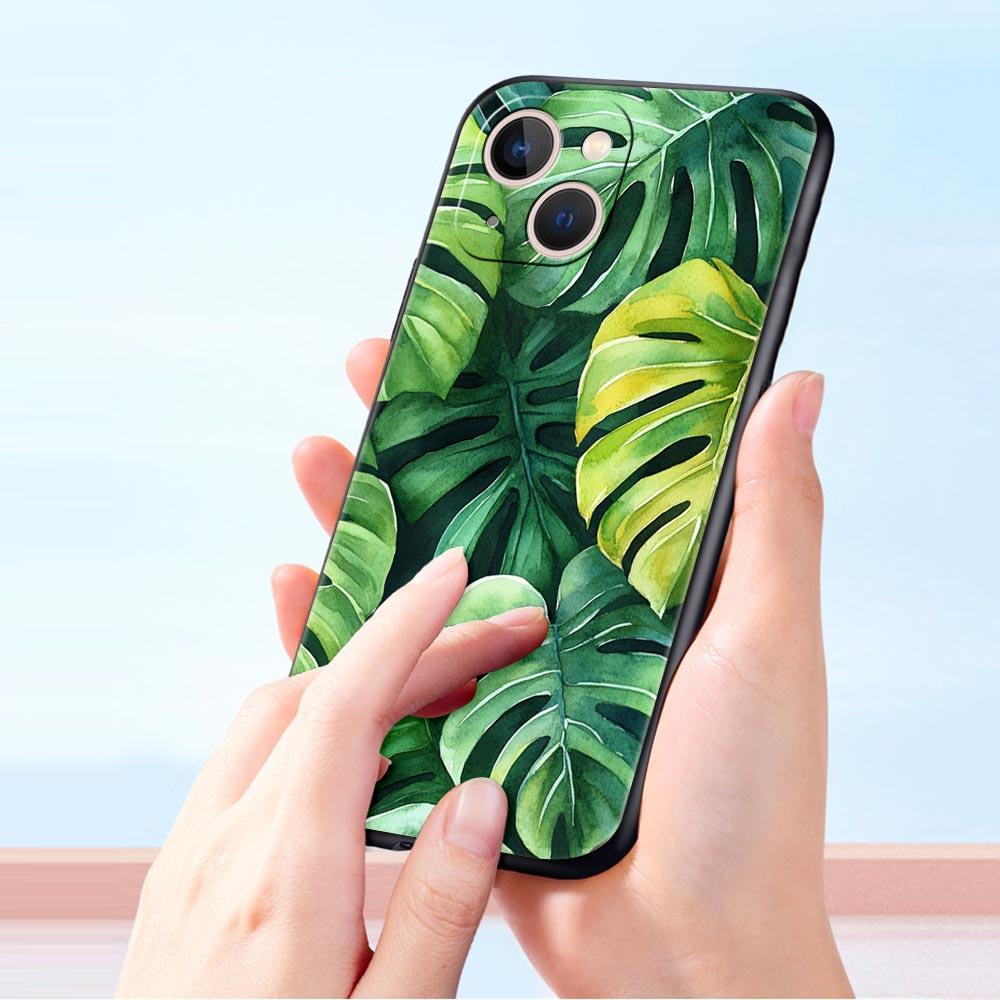 Leaves Monstera Green Phone Case For iPhone 17 16 15 Pro Max 11 12 13 14 7 8 Plus SE 2020 X XR XS Cover Soft Black
