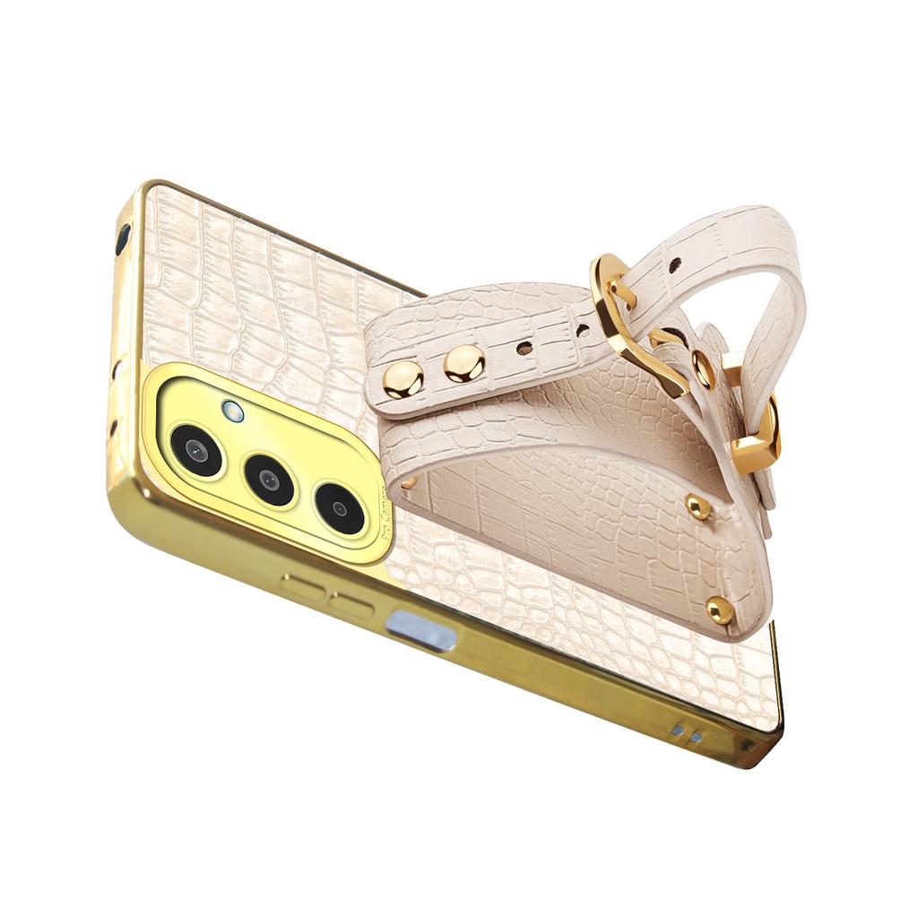 For Samsung Galaxy M35 5G Case Wristband Kickstand PU Leather+TPU 6D Electroplating Phone Cover